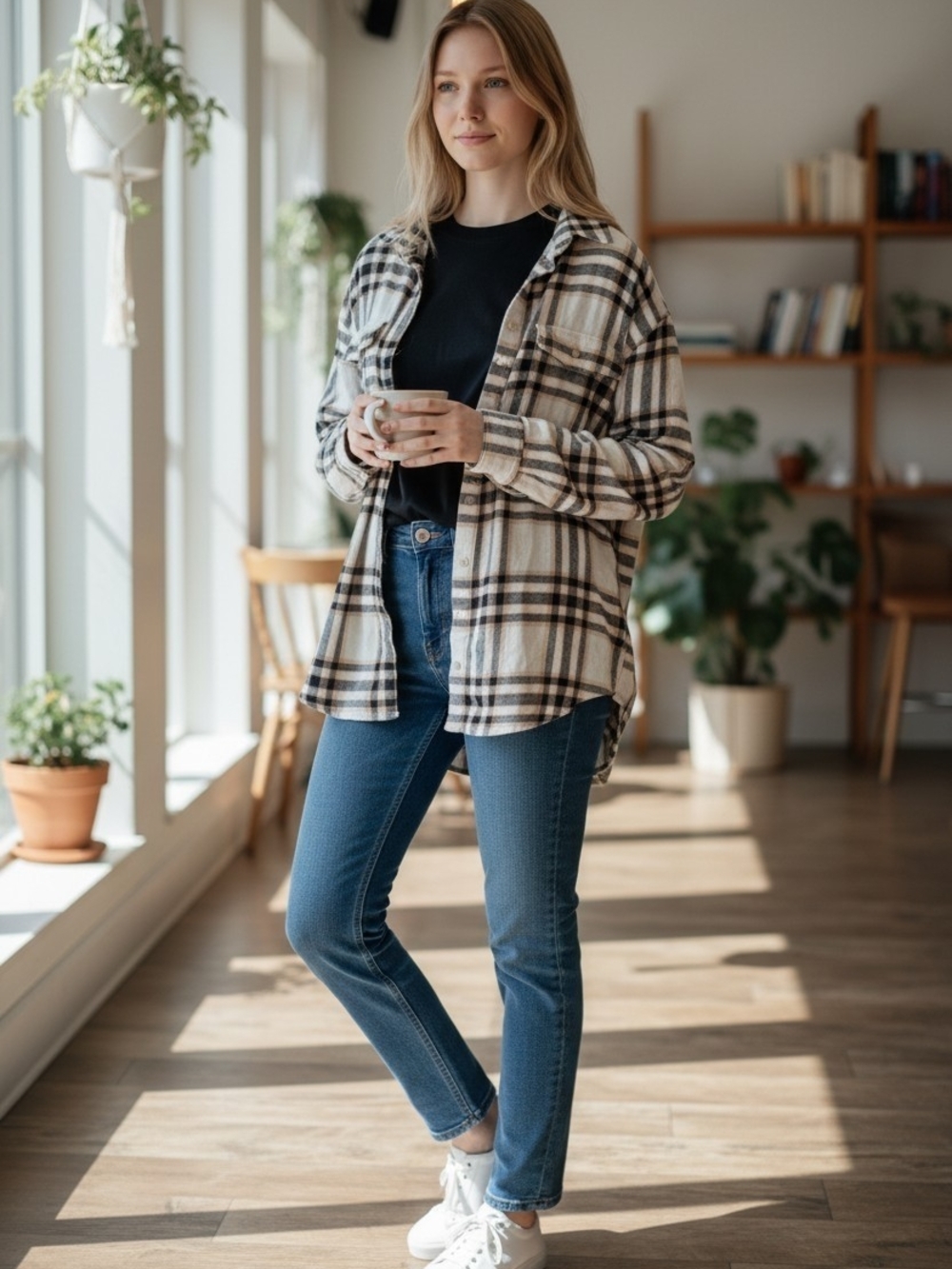 Old Navy Cream and Black Plaid Button-Down Shirt